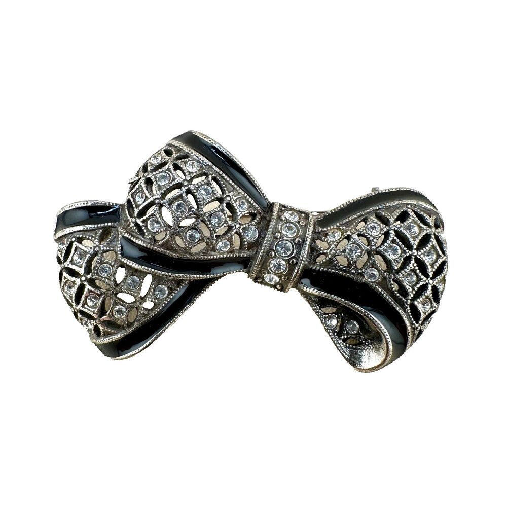 Vintage Rhinestone Bow Brooch Anne Klein Silver Tone Black Enamel Clear Stones